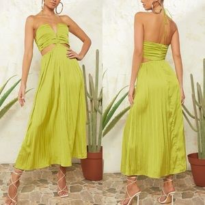 Lime green Cut Out Waist Ruched Halter top pleated Satin Dress